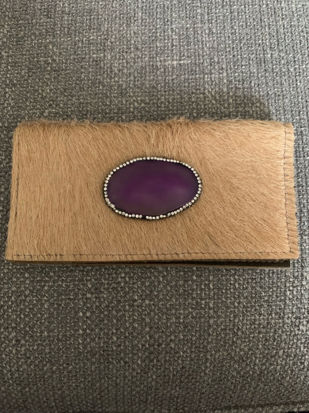 Tan Haircalf Wallet with Purple Stone Accent